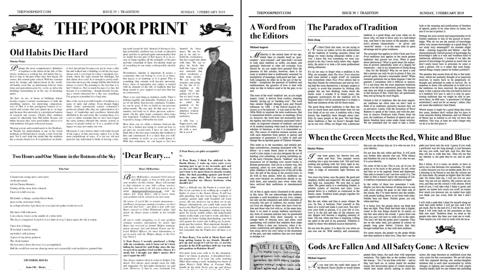 Una página de periódico en blanco y negro titulada "The Poor Print" presenta artículos y columnas, con una imagen central de una figura con túnica que reflexiona sobre cuestiones climáticas. | Jacob Warn