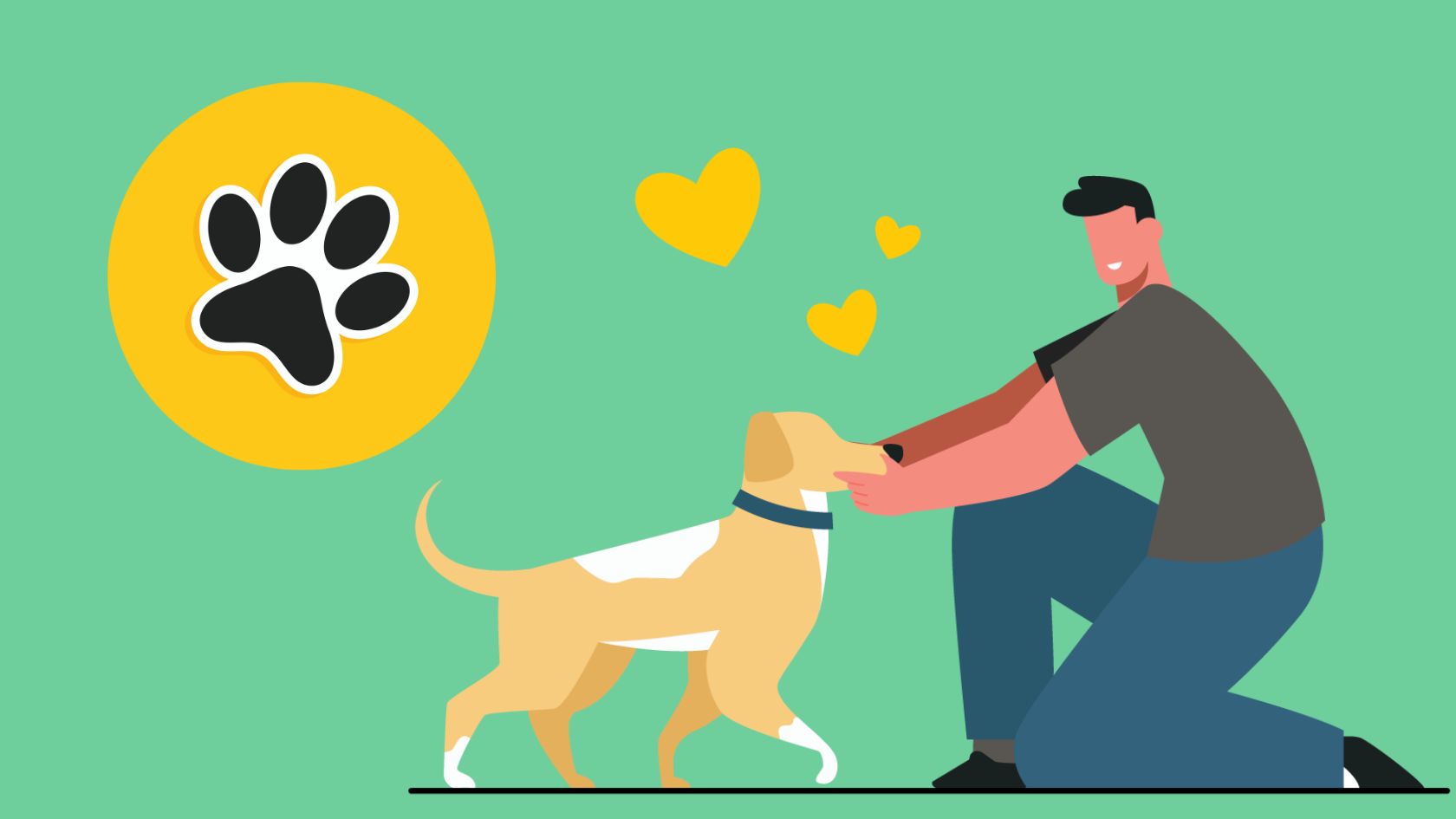 Illustration of a person kneeling and petting a dog with yellow hearts above them, capturing the warmth pets bring into our lives. A paw print in a yellow circle sits on the left, symbolizing the sunny climate of their bond against the green background. | Jacob Warn