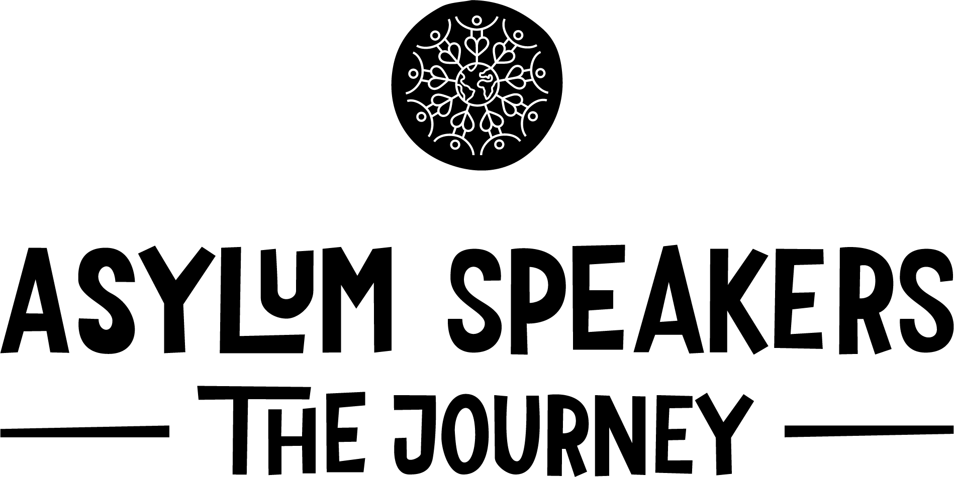 The black and white logo for "Asylum Speakers: The Journey" showcases a circular ornate design elegantly hovering above the text, capturing the essence of their compelling narrative. | Jacob Warn