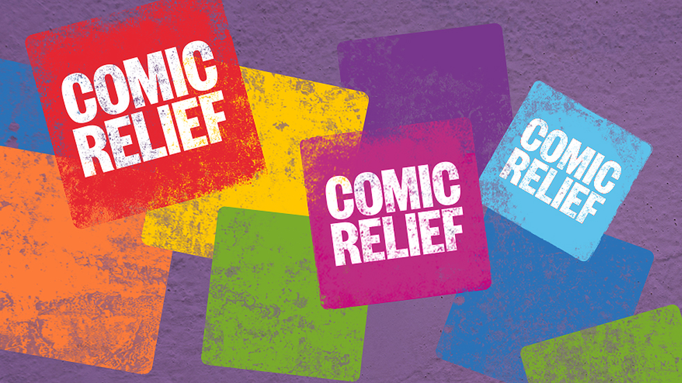 Colorful squares with the text "Comic Relief" in white appear on a purple textured background, highlighting the power of refugee storytelling. | Jacob Warn