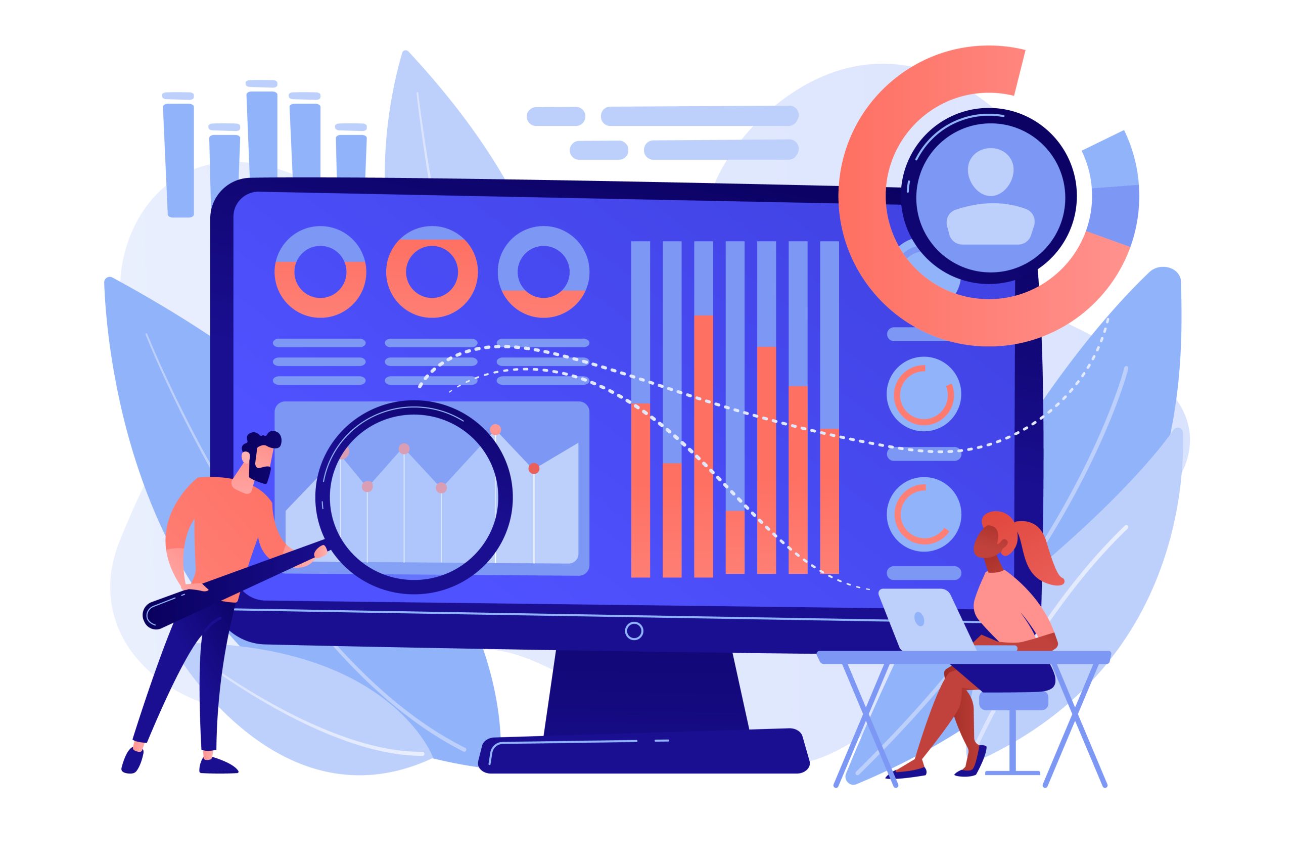 Illustration of a man analyzing graphs on a large computer screen with a magnifying glass—good practice for MEL—while a woman works on her laptop. Graphs and charts fill the screen. | Jacob Warn