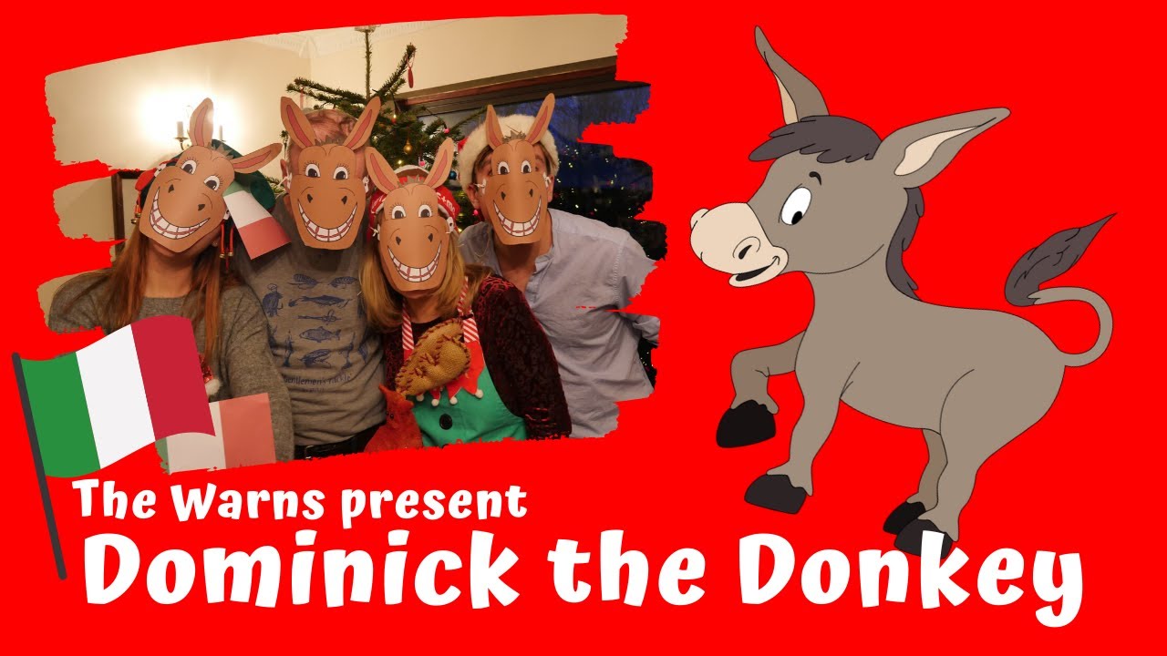 dominick el burro Cuatro personas con máscaras de burro aparecen unidas con banderas italianas, bajo el texto "La familia Warn presenta a Dominick el burro". Un despliegue festivo sobre fondo rojo con un burro ilustrado insinúa esta encantadora canción navideña. | Jacob Warn