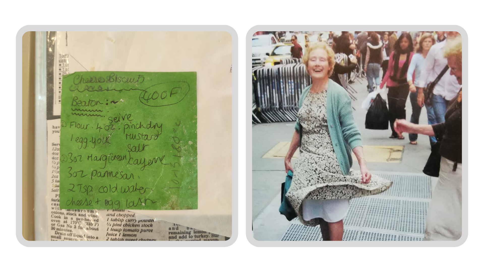 A handwritten family recipe for cheese biscuits on a green note rests beside a woman in a dress, smiling as the wind lifts her skirt on a bustling city street. | Jacob Warn